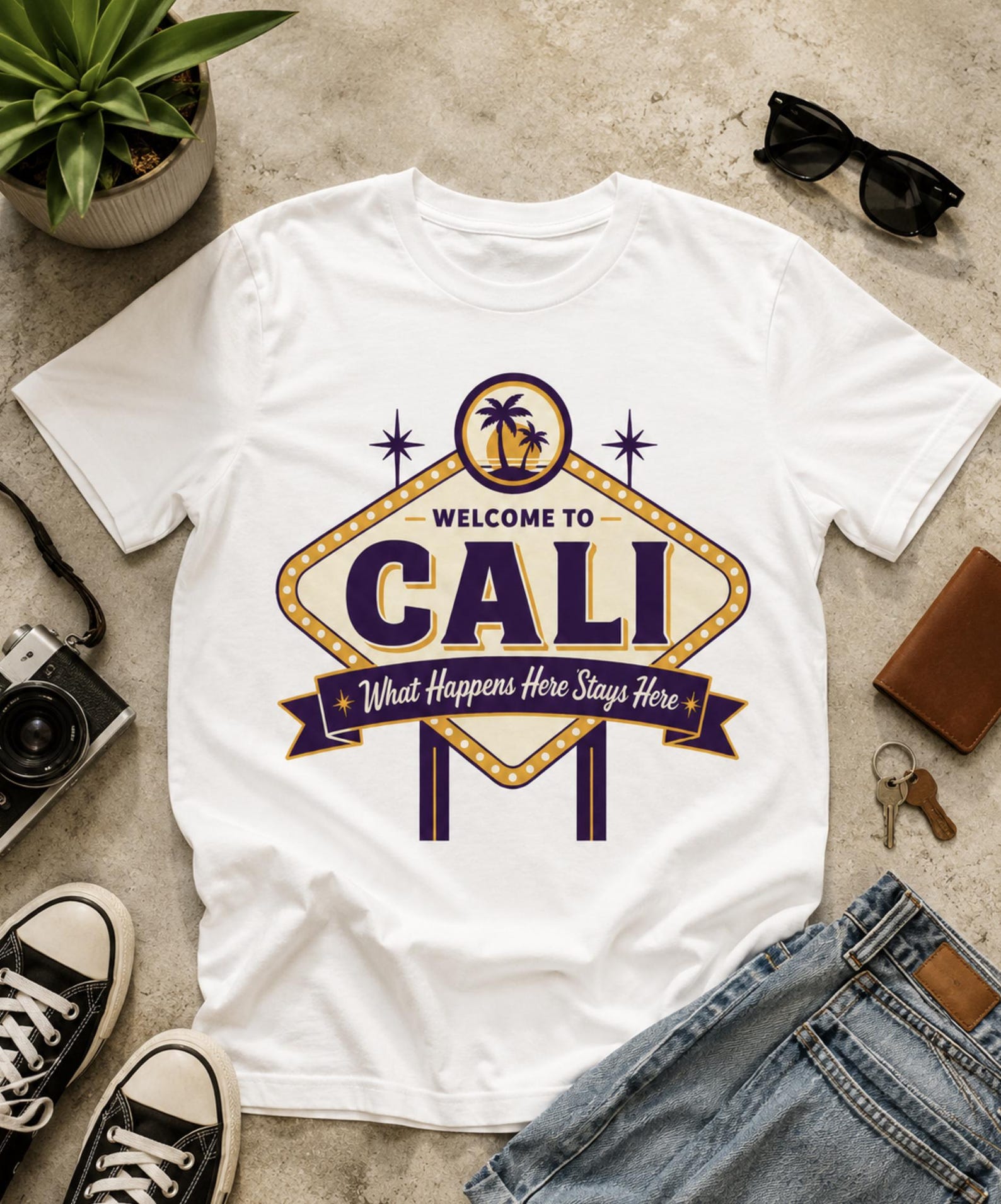 Welcome To Cali Shirt – What Happens Here Stays Here Retro Marquee Graphic Tee S