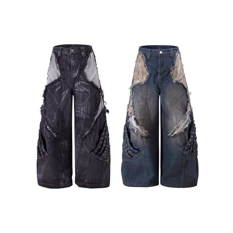 JYL Men's Wide-Leg Jeans Dune Wasteland American Heavy Washed Patch Black Denim Pants