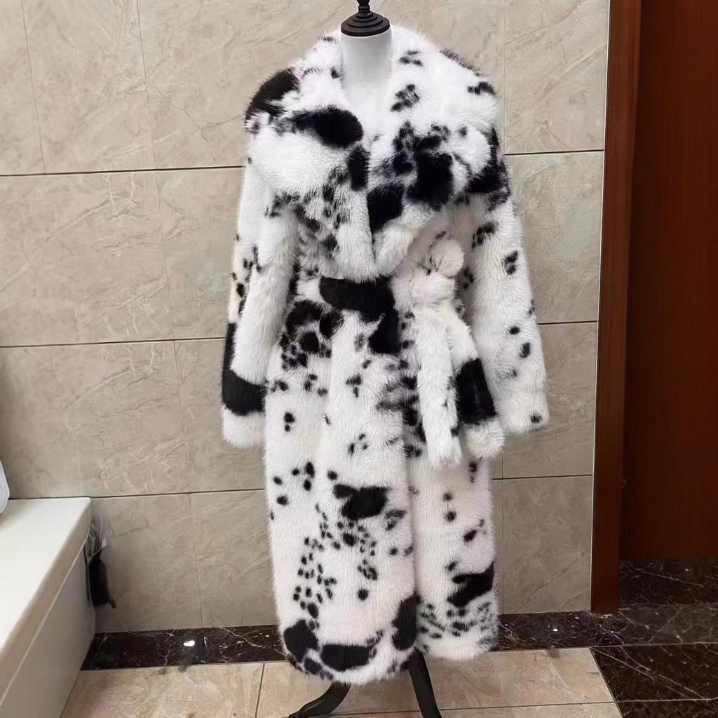Retro Trendy Atmosphere Irregular Brown Cow Pattern Lapel Loose Environmentally Friendly Fur Coat Medium Long Coat