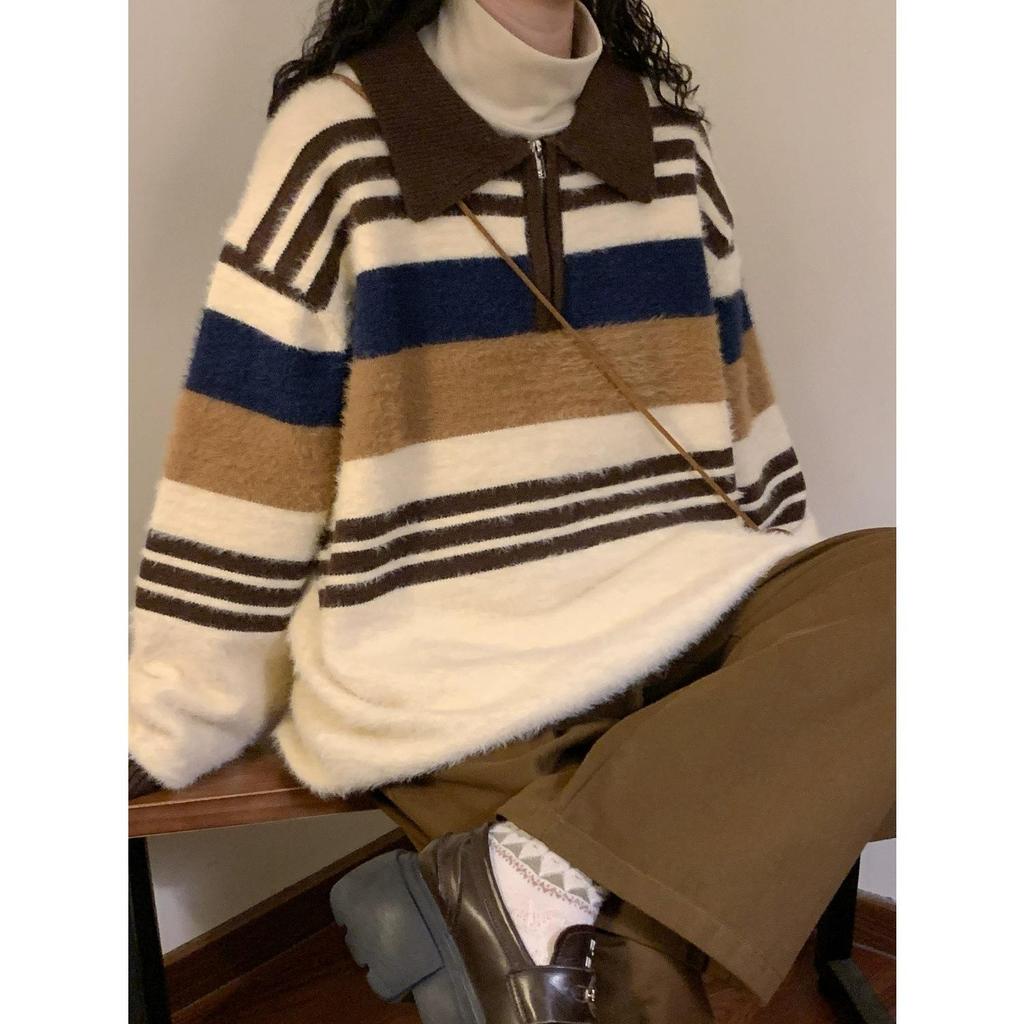 Unisex podzimní/zimní retro líný styl pruhovaný svetr s POLO límcem, pletenina inspirovaná univerzitním stylem