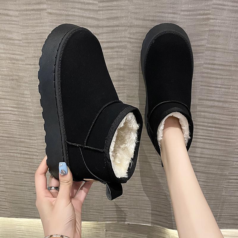 Women's 2025 Black Snow Boots - New Style, Thick Platform Sole, Solid Color, Ankle Length, Fleece-Lined Cotton for Warmth