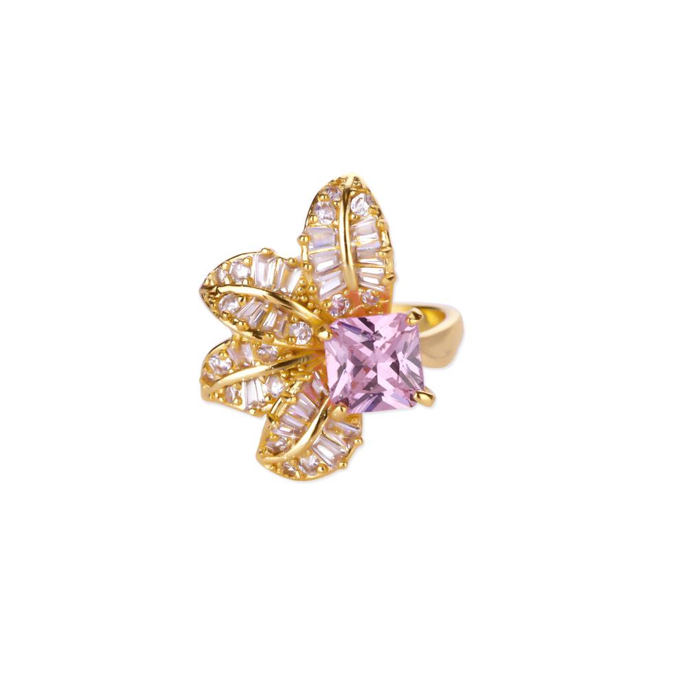 Pink Zircon Flower Rings For Women Gold Color Metal Opening Couple Ring Aesthetic Wedding Christmas Jewelry