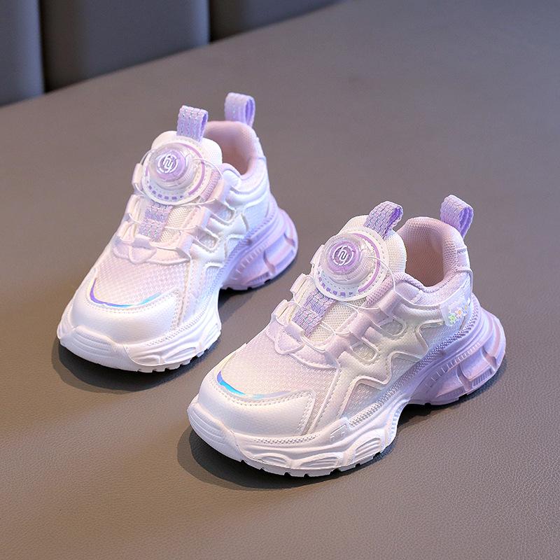 Girls' sneakers 2025 spring new breathable running children's shoes spin button girl princess dad mesh shoes