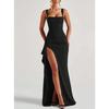 Wide Strap Square Neck Maxi Dress Ruched High Slit Elegant Bodycon Long Gown Multicolor Draped Side Split Sleeveless Evening Party Formal Prom Dress