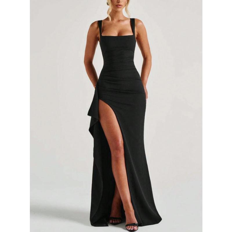 Wide Strap Square Neck Maxi Dress Ruched High Slit Elegant Bodycon Long Gown Multicolor Draped Side Split Sleeveless Evening Party Formal Prom Dress