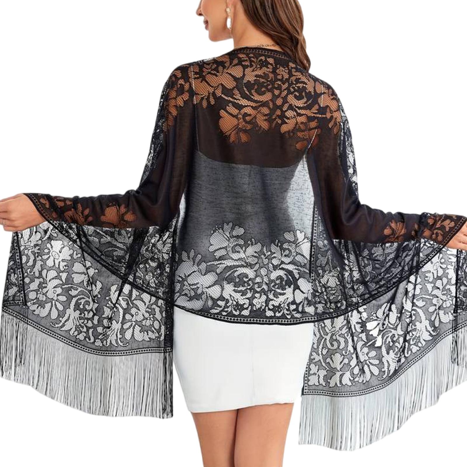 

Элегантная женская шаль-накидка для вечернего платья Легкий шарф Малайзия Однотонный Ажурный Кисточка Длинная накидка-шаль чёрный