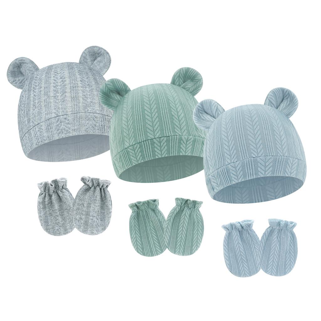 Baby Boy Girl Gloves Hat Knitted Soft No Scratch Mittens Breathable Cotton Blend Bear Ear Cap Gloves for Infant