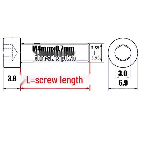 Šroub s vnitřním šestihranem M4 z eloxované hliníkové slitiny s válcovou zápustnou hlavou, antikorozní, barevná povrchová úprava.