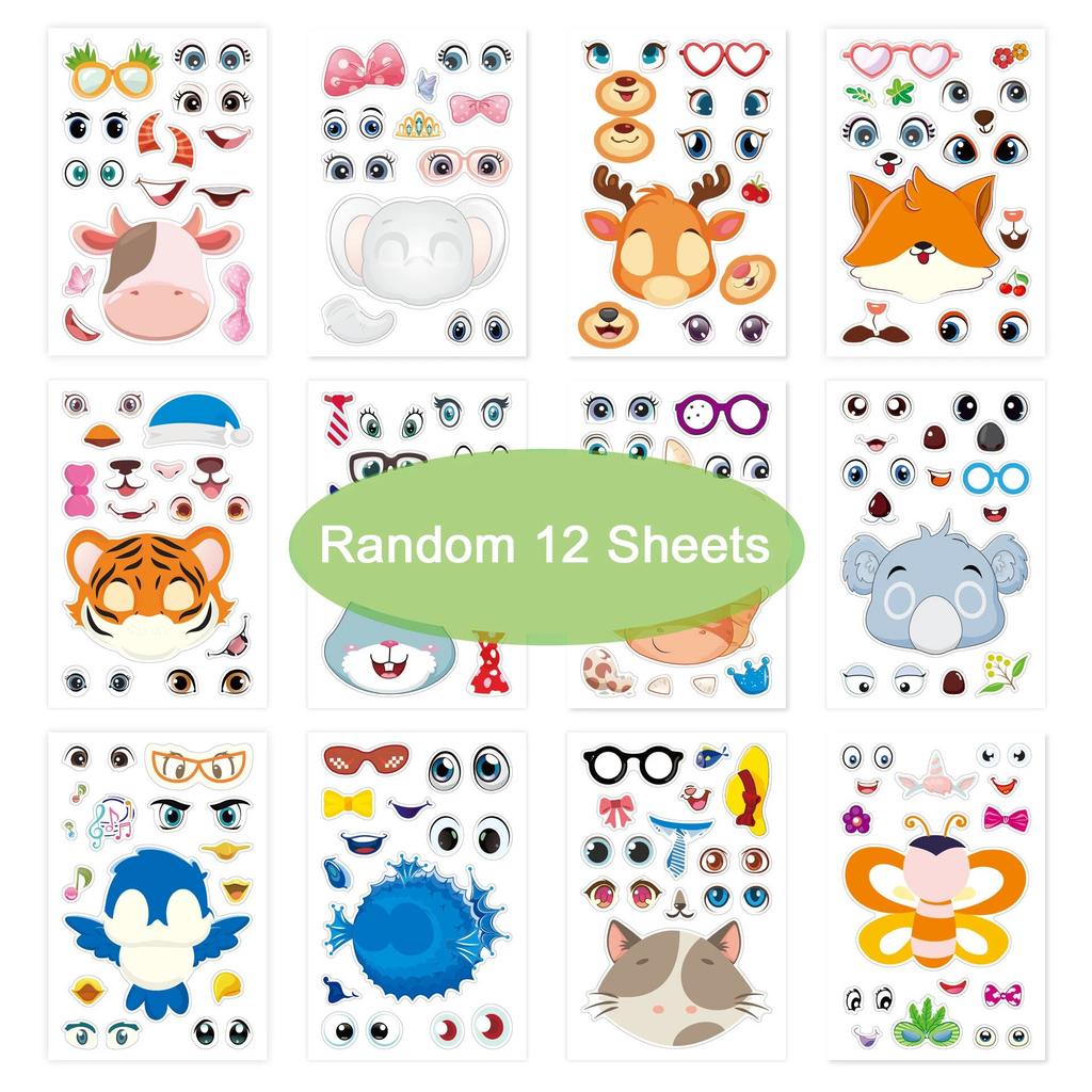 12Sheets Children DIY Puzzle Sticker Games 12 Animals Face Funny Assemble Jigsaw Stickers Kids Educational Toys Boys Girls Gifts