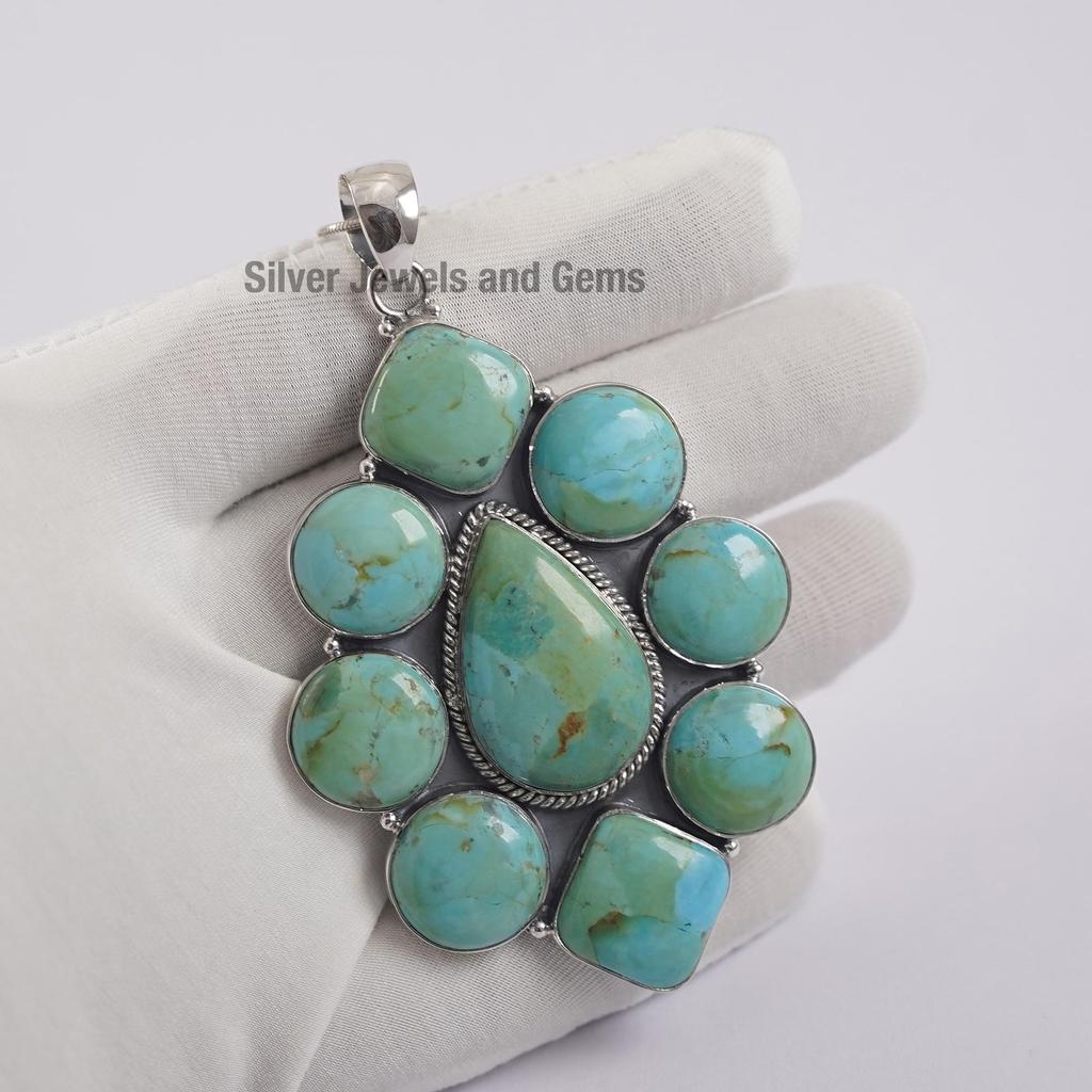 Genuine Turquoise Pendant, Arizona Turquoise Cluster Pendant, 925 Sterling Silver Pendant, Birthday Pendant, Multi Stone Pendant