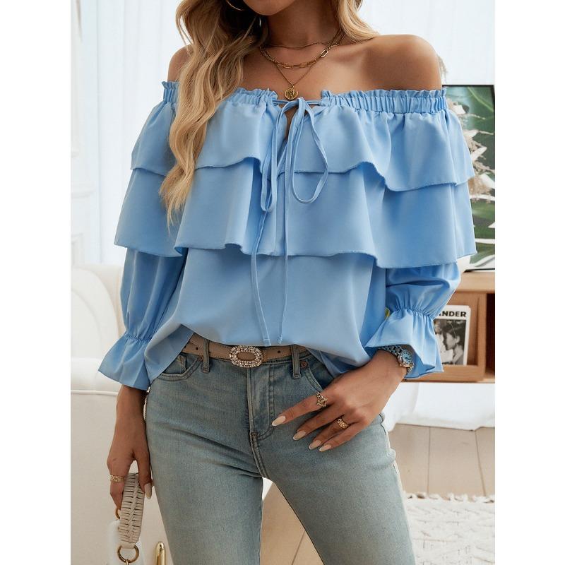 Damska bluzka na jesień i zimę, luźna, plisowana, ściągana sznurkiem, z rękawami typu latarnia, na jedno ramię