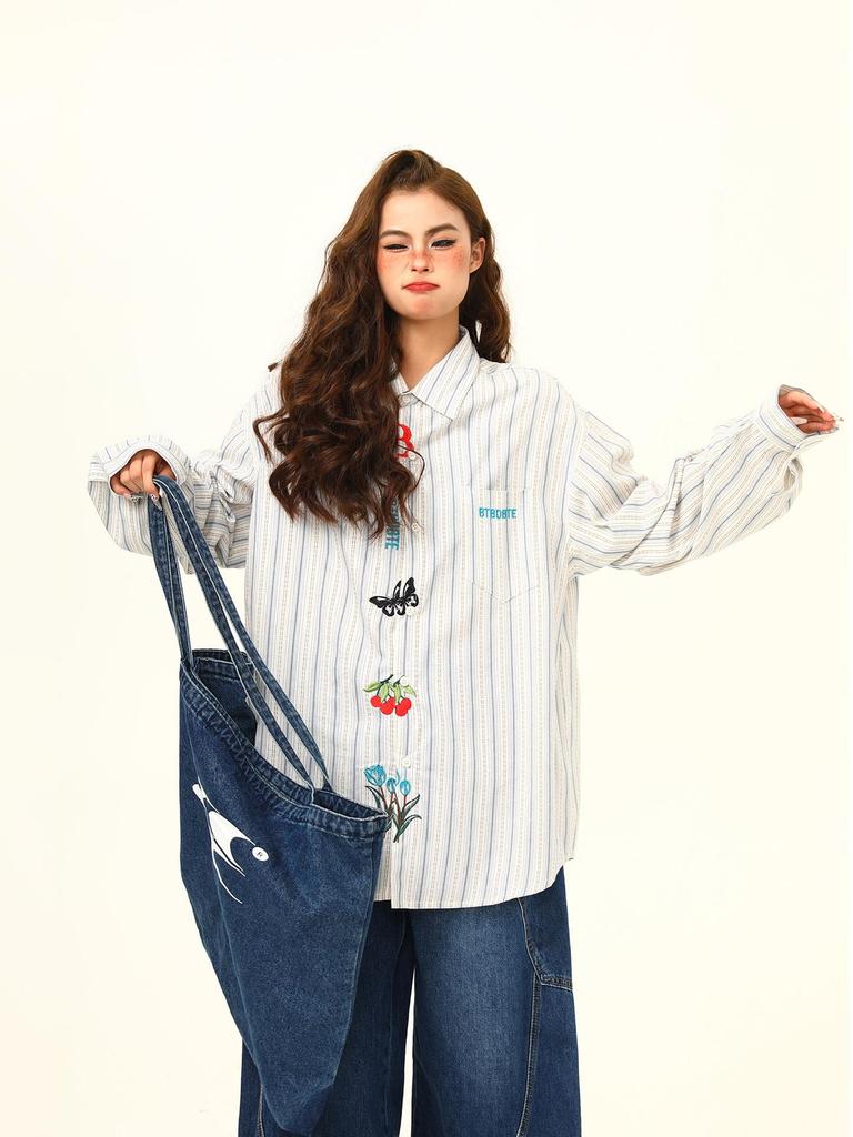 Unisex Trendy Loose-Fit Long Sleeve Butterfly & Flower Embroidery Shirt