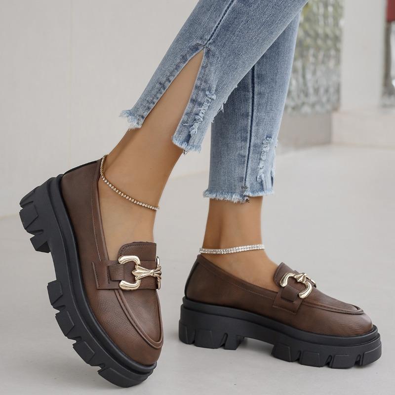 Fashion Women's Thick Soled Single Shoes Autumn New Round Head Deep Mouth Metal Buckle Non-slip Low-top Shoes