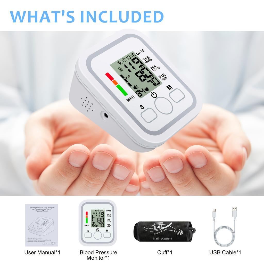 All-in-One Portable Upper Arm Blood Pressure Monitor Large LCD Display One-Touch Operation Voice Reports Hypertension Alerts