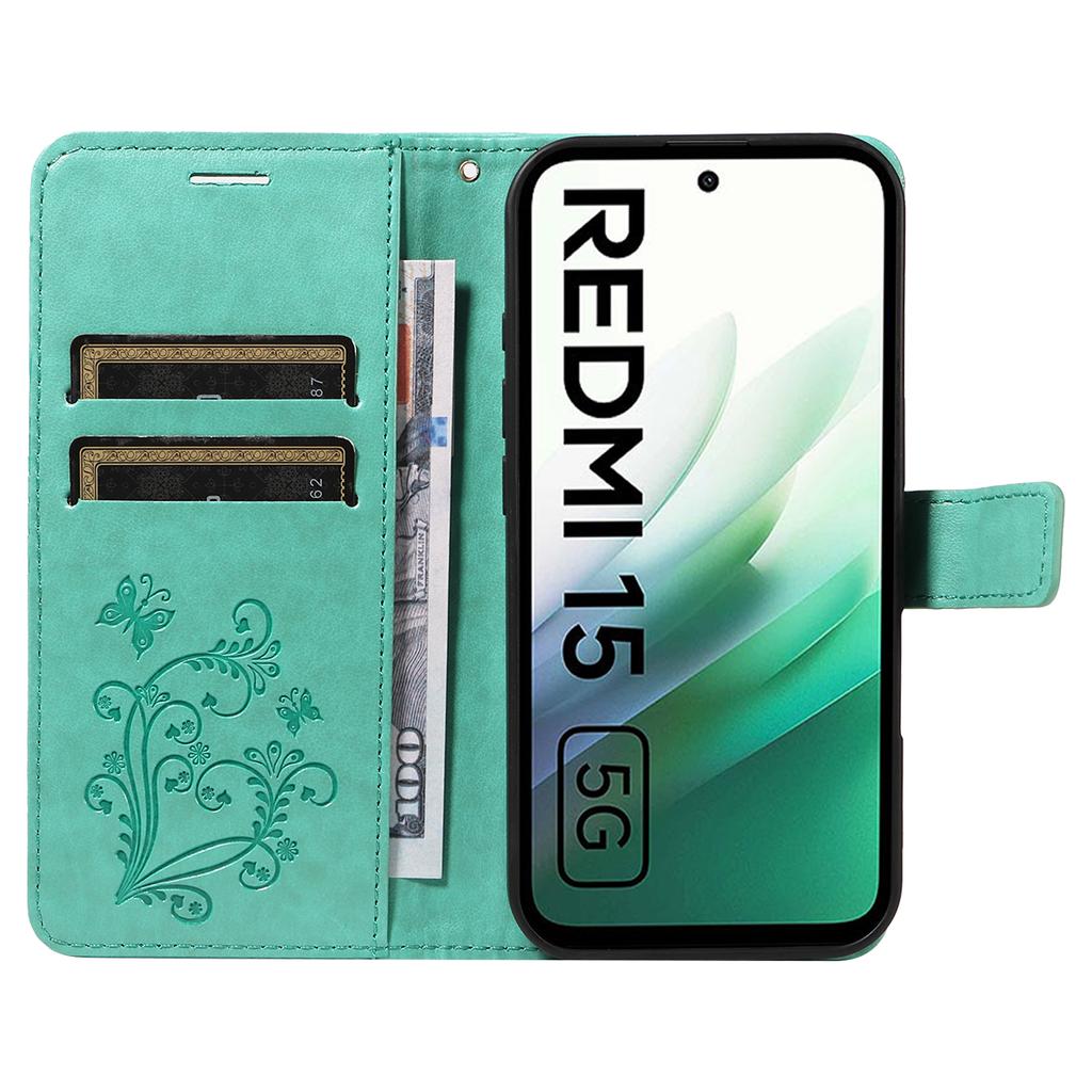 For Xiaomi Redmi 15 5G (Global) (169mm) Wallet Case Floral Butterfly Imprinted Leather Phone Cover Stand