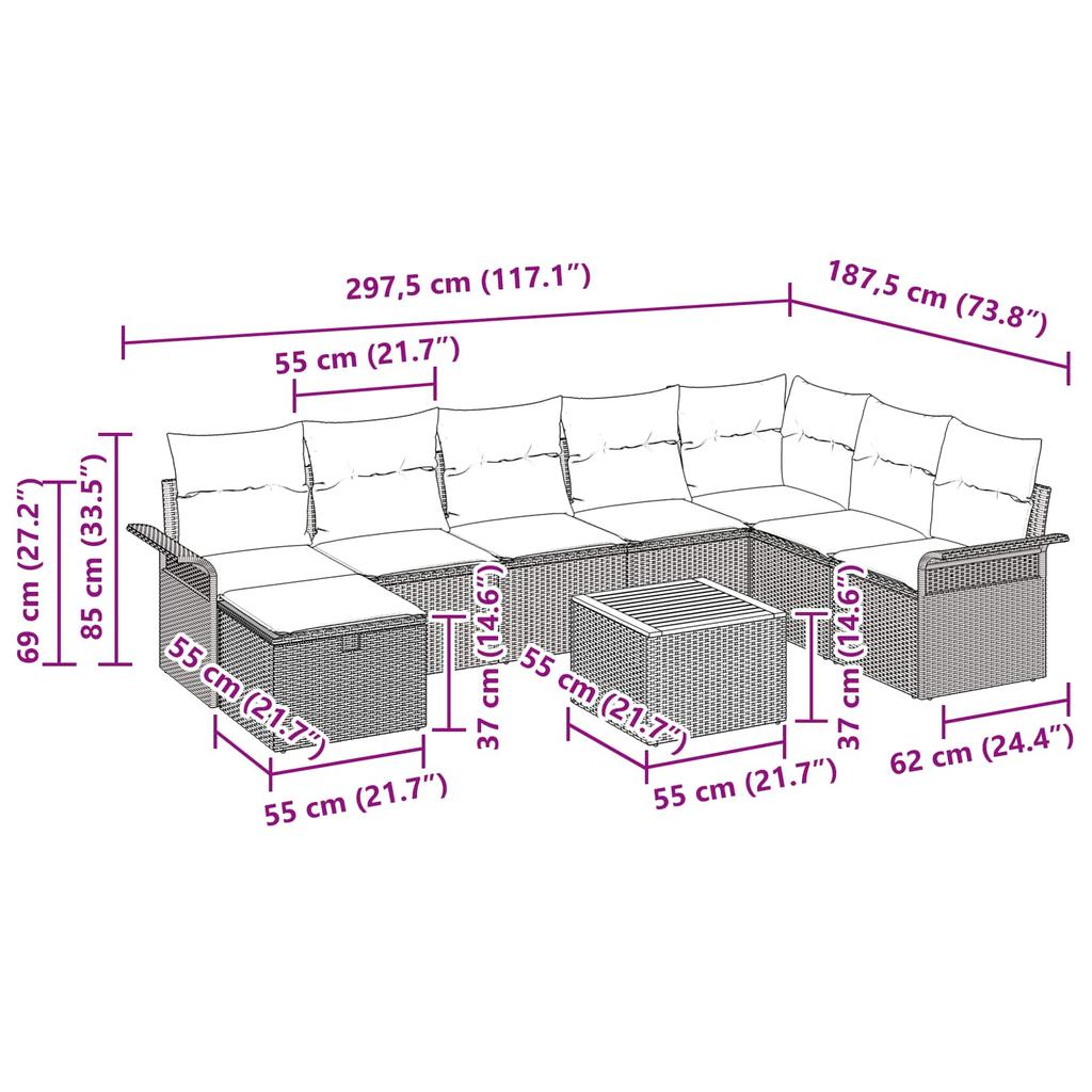 9 Piece Black Poly Rattan Garden Sofa Set with Cushions