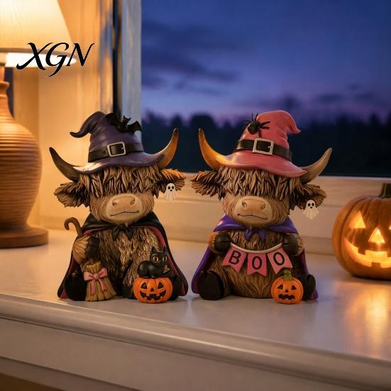 Halloween Table Decorations 2 Pcs Highland Cow Figurines, Boo Pumpkin Ghost Statue with Decorative Figurines Witch Hat, Wooden Scottish Ornament