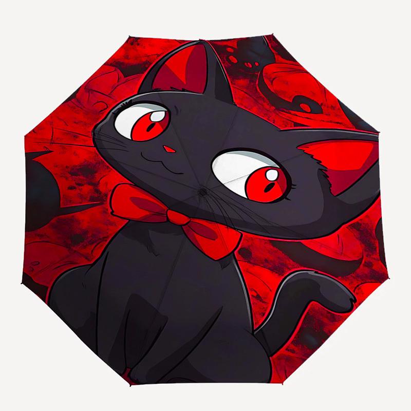 1pc Black Cat with Red Bowknot: Automatic Opening/Closing Umbrella, Portable 3-Fold Design, 8-Bone Iron Frame, Outdoor Umbrella, Festival Gift for Fan