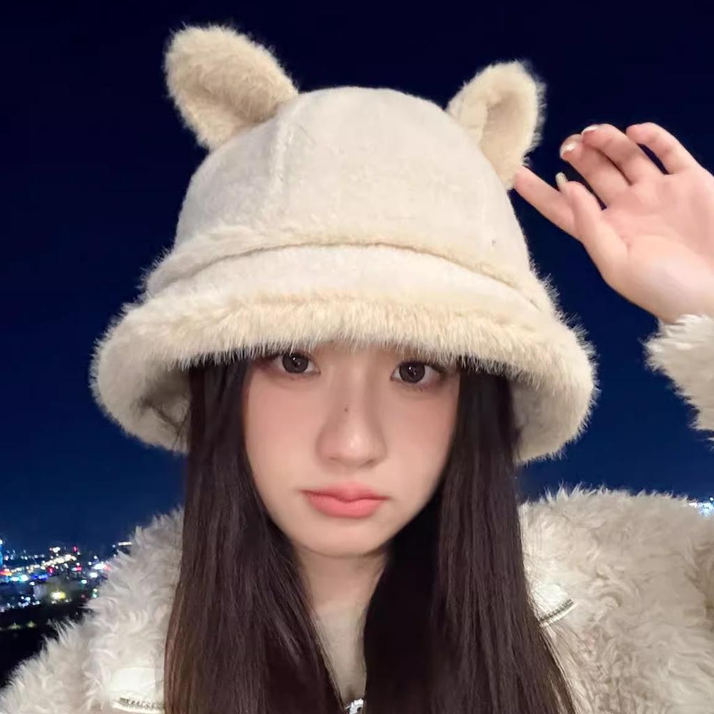 Autumn and Winter New Rabbit Fur Double Ball Basin Hat Cute Soft Cute Bear Ear Hat Women's Cold Bucket Hat