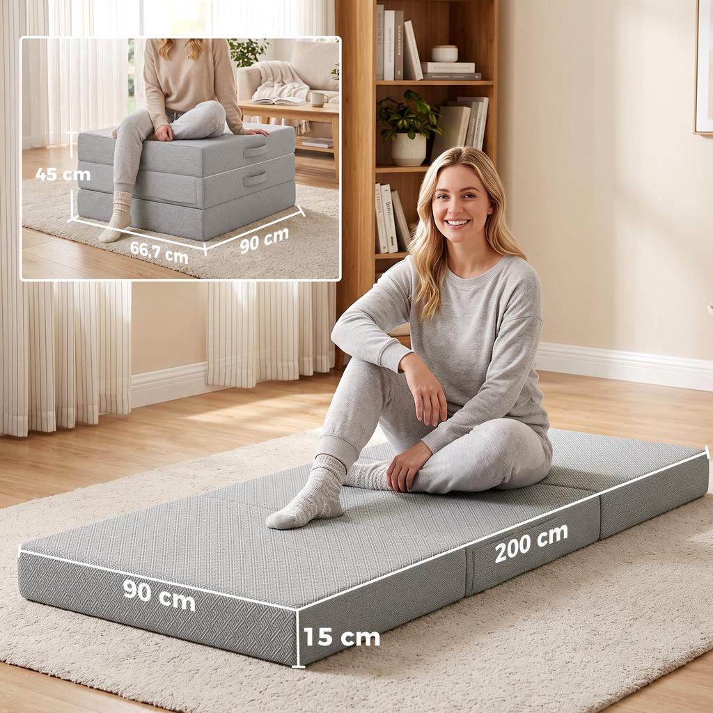Materasso Pieghevole 200 x 90 cm, Materasso Pieghevole 15 cm, Materasso Portatile da Pavimento con Copertura Lavabile, Testato Oeko-Tex