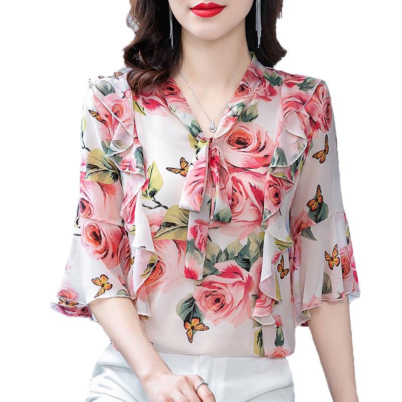 2021 Floral Chiffon Short-Sleeve Top: Slimming, Age-Reducing Style for Women