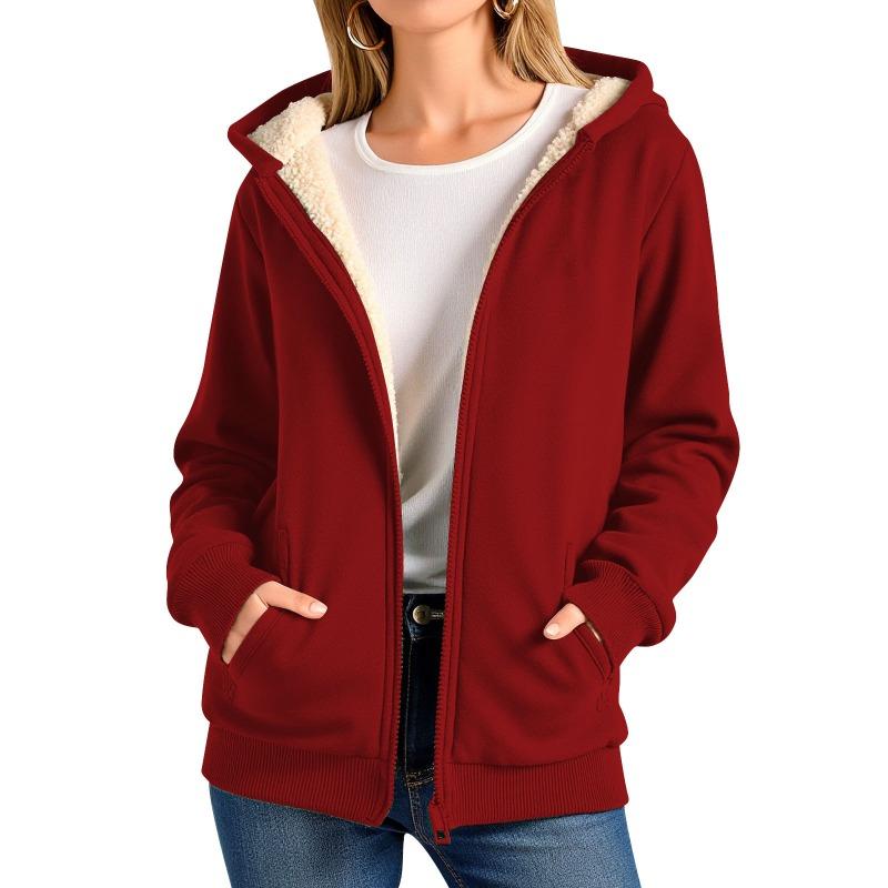 Simple solid color warm lamb fleece hooded sweater jacket autumn and winter fleece thickened warm lamb fleece jacket