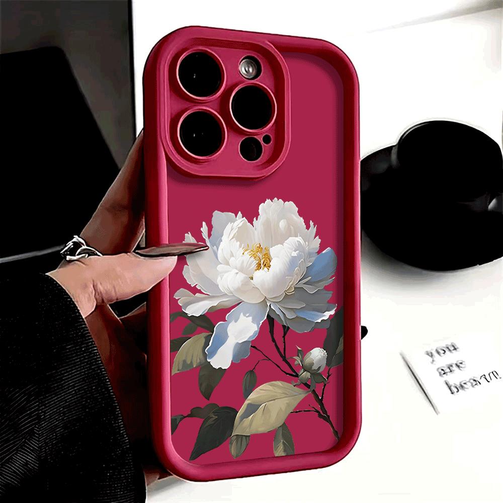 White Peony with Blue Accents Soft TPU Phone Case for iPhone 16 15 14 13 12 11 Pro Max Plus Shockproof Anti-Slip Cover
