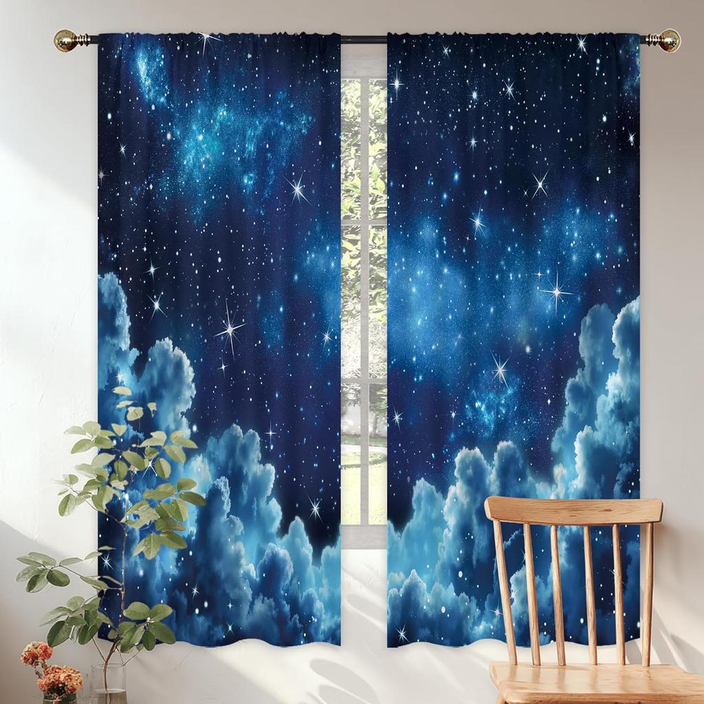Starry Night Sky Curta Blue Galaxy Clouds Print For Bedroom Window Dreamy Decor