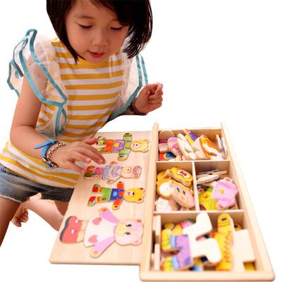 Children Bear Dressing  Learning Wooden Jigsaw Puzzle Toys for Kid