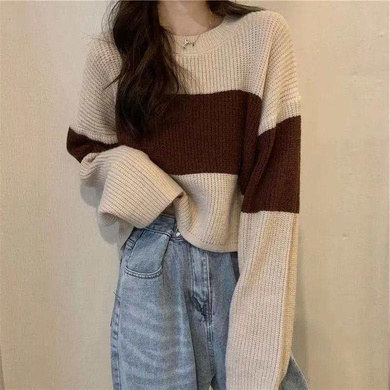 Spring and Autumn New Cropped Knitted Top Women's Sweater Loose Versatility Casual Design Sense Niche Long-sleeved T-shirt