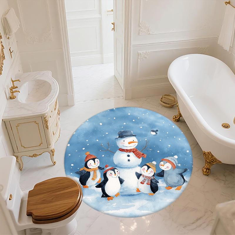 Snowy Day Penguin,Round Area Rug,Carpet Rug for Living Room Bedroom Sofa Playroom Decor,Non-slip Floor Mat
