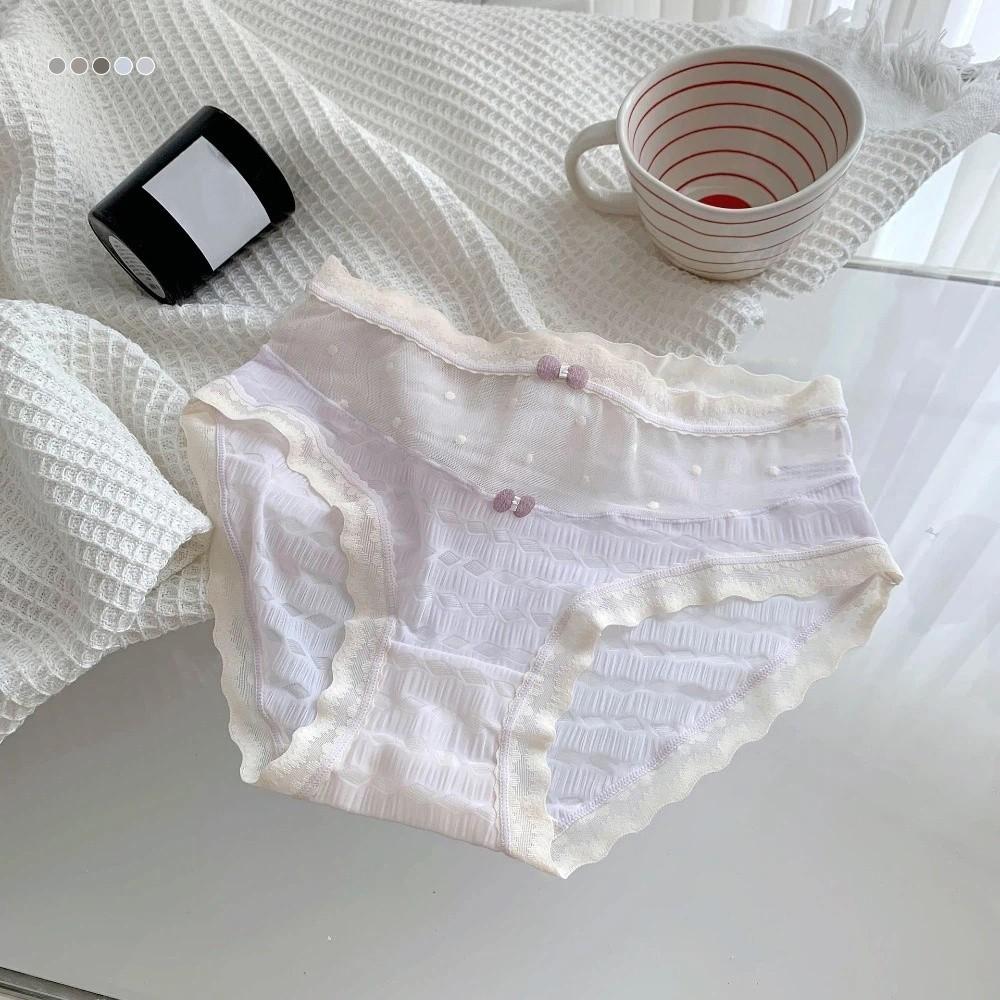 Mid Waist Underwear for Women Bow Mesh Briefs Summer Lace Seamless Panties Female