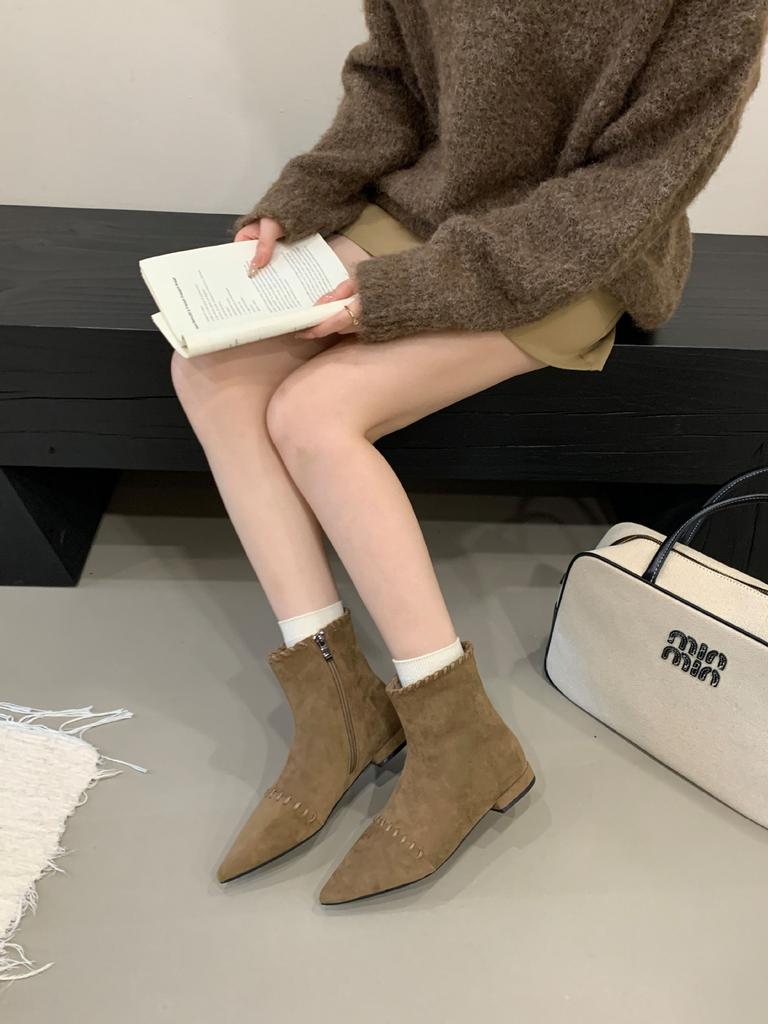 2025 Autumn and Winter New Pointed Low-heeled Short Elastic Boots Women's Fashion Boots Thin Boots Side Zipper Suede Martin Boots