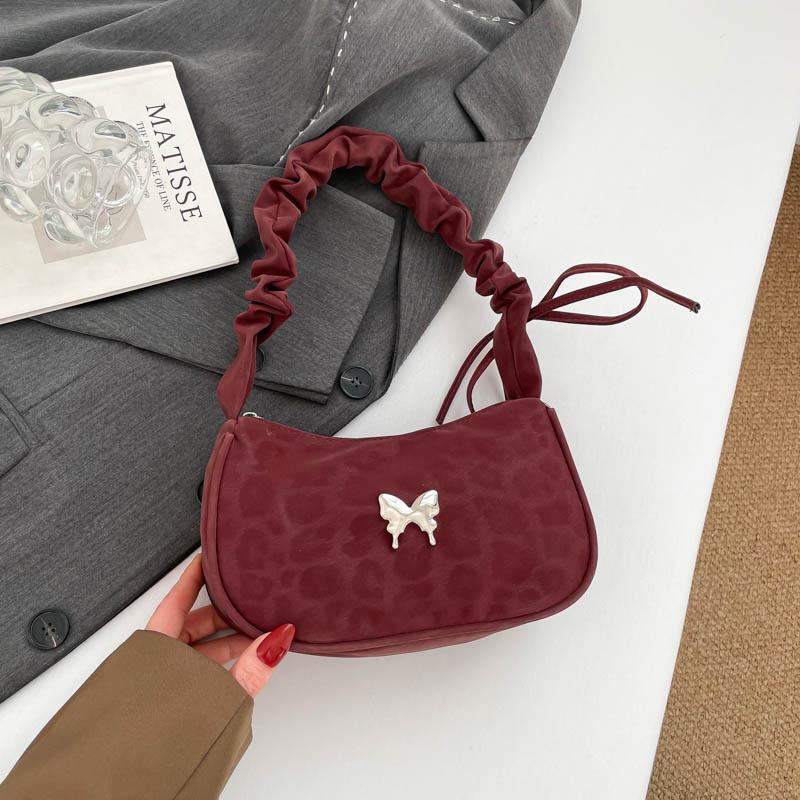 

Vintage Leopard Bow Shoulder Bags for Women Korean Style Lightweight Ladies Underarm Bag Portable Female Pleated Handbags Purse