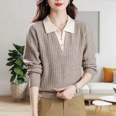 Autumn and Winter New Lapel Splicing Outer Wear Women's Sweater Fake Two-piece Cover Fashion Knitted Bottoming Shirt