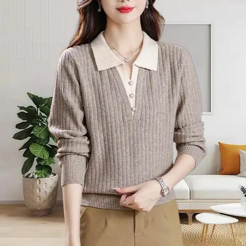 Autumn and winter new lapel splicing outer wear women's sweater fake two-piece cover fashion knitted bottoming shirt