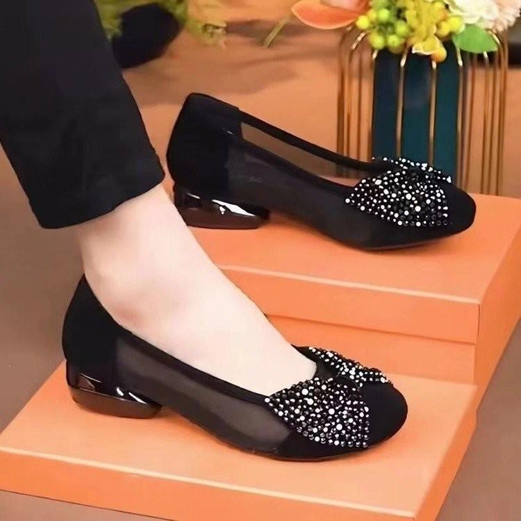 Mesh Breathable Single Shoes Women's 2025 Spring and Summer New Suede Low Heel Bow Doudou Shoes Hollow Sandals Women