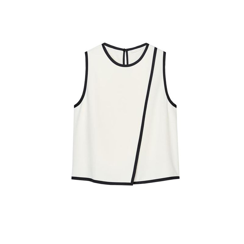 Summer New Women Clothes Simple Back Split Contrast Color Trim Crepe Round Neck Sleeveless Top 1971059