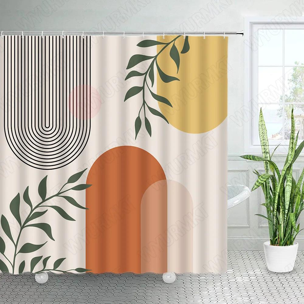 Abstract Mid Century Shower Curtain For Bathroom Decor Modern Boho Minimalistic Semicircle Curve Aesthetic Fabric Bath Curtains