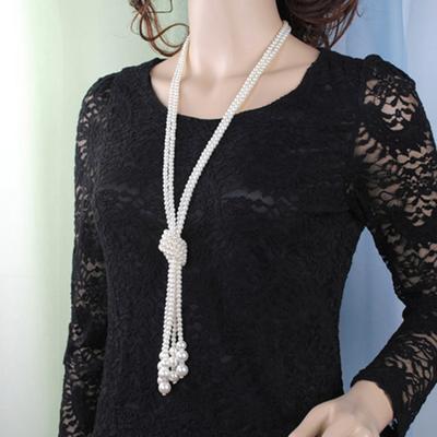 Necklace White Color Knotted Beaded Long Tassel Neck Chain Elegant Dress-Up Alloy