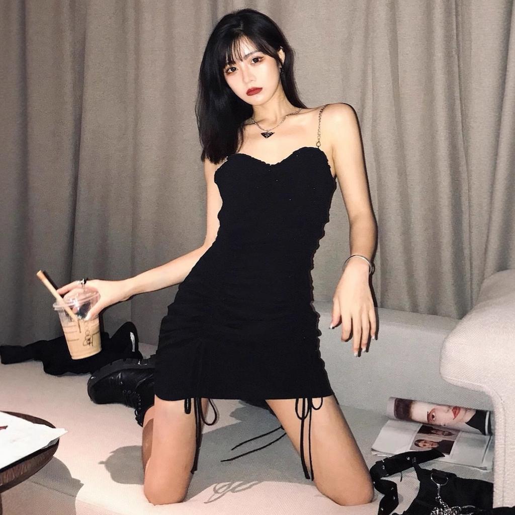 Black Tube Top Chain Suspender Dress Women's Nightclub New Tight Drawstring Pleated Sexy Short Skirt Slim Hip Skirt