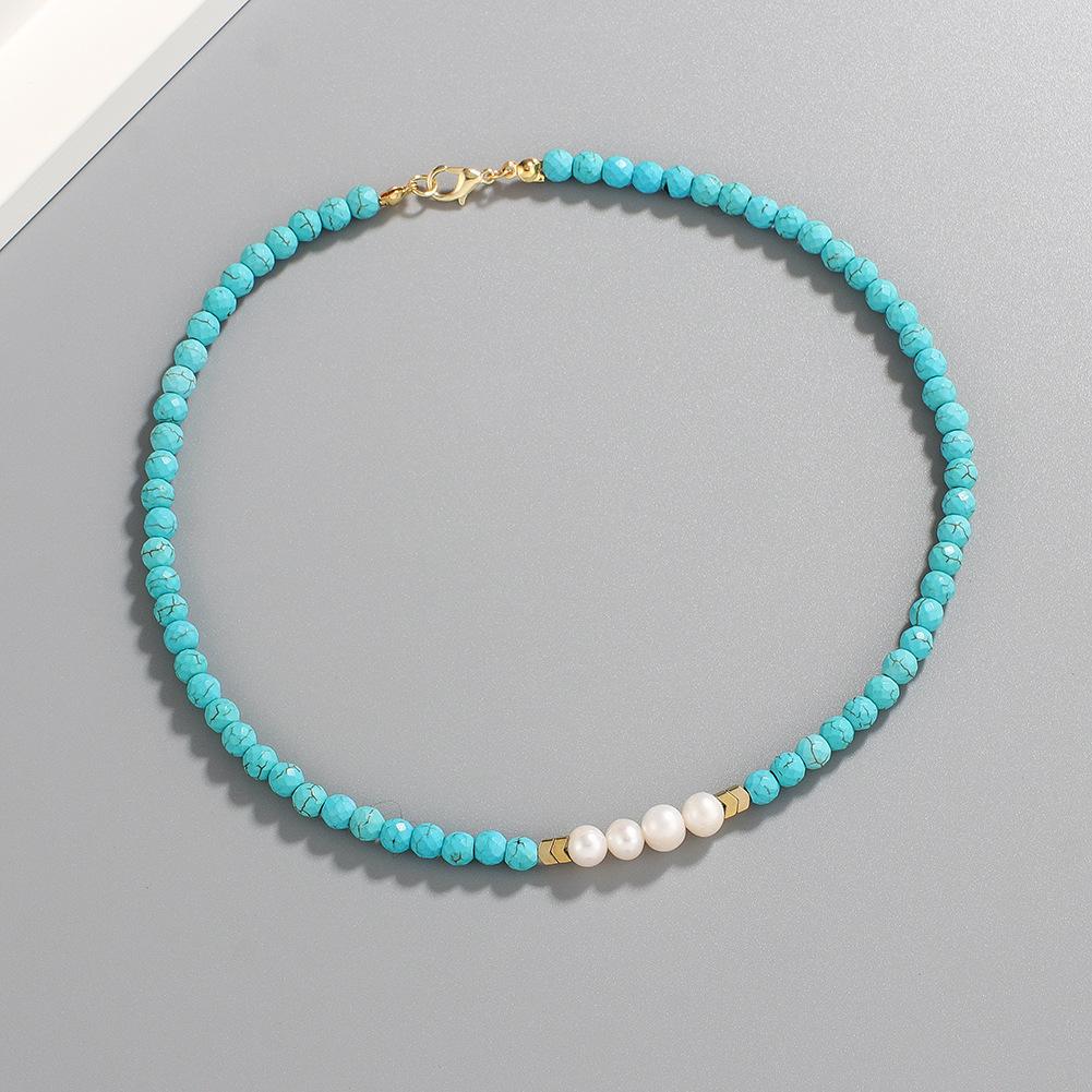 Natural Freshwater Pearl & Turquoise Bohemian Choker Necklace for Women