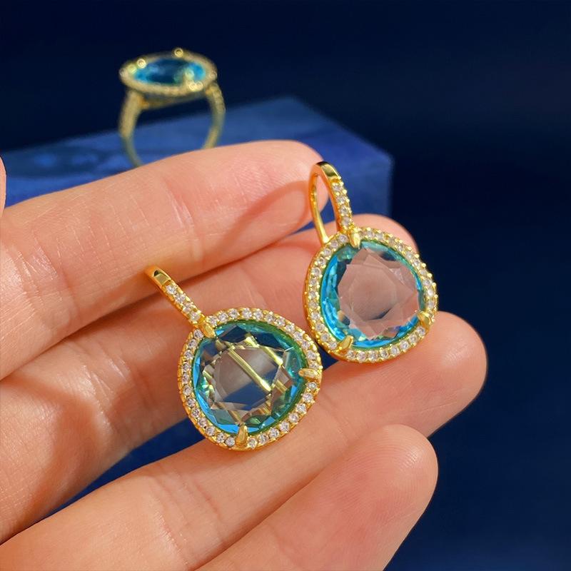 Natural Artificial Crystal Blue Transparent Gemstone Wind Triangle Earrings, Ear Hooks, Fashion Light Luxury Earrings, Women'S Cold Wind