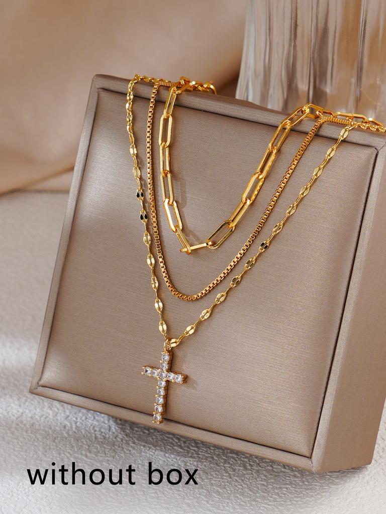 Minimalism Plated Layered Cross Necklace Set Cubic Zirconia Pendant Paperclip Chain Dainty Stackable Choker Fashion Jewelry