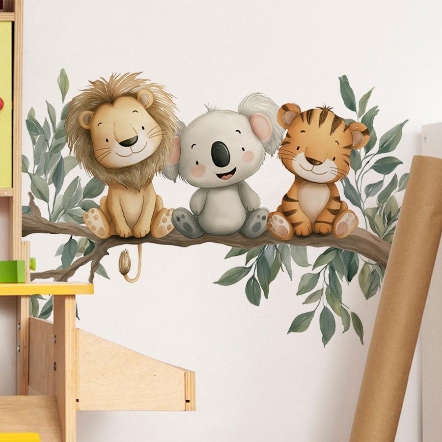 Animals On a Branch Wall Stickers, Lion Koala Tiger Self-Adhesive Decor for Nursery Kids Room Decoration