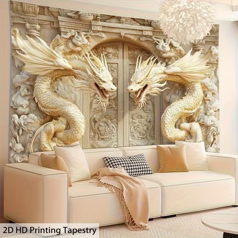 2D Traditional Chinese Dragon Tapestry, Twin Dragons Palace Gate Wall Decor for Home