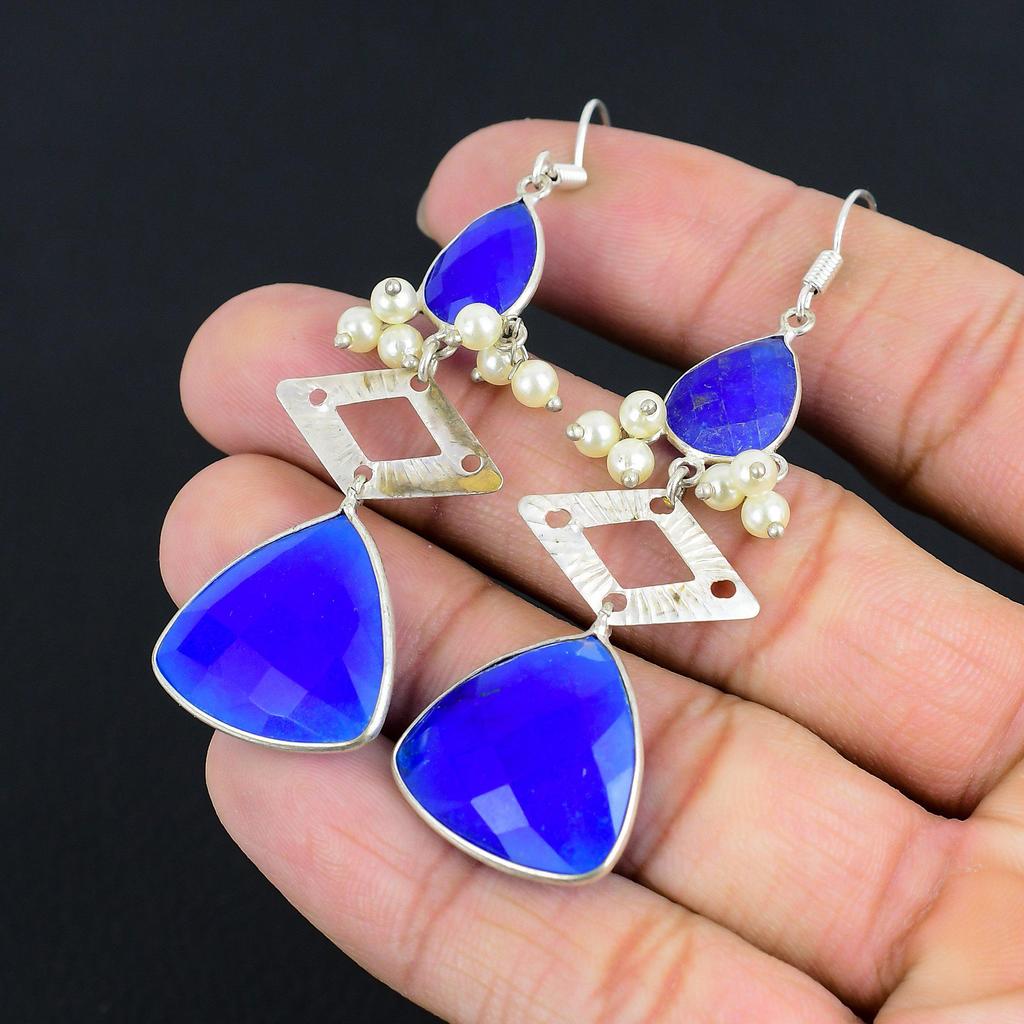 Blue Sapphire Gemstone 925 Silver Art Deco Drop Dangle Handmade Earrings Jewelry