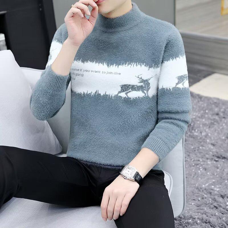 

Autumn Winter Half High Collar Casual Fashion Sweater Male Patchwork All-match Bottomed Knitting Pullover Top Men M сірий