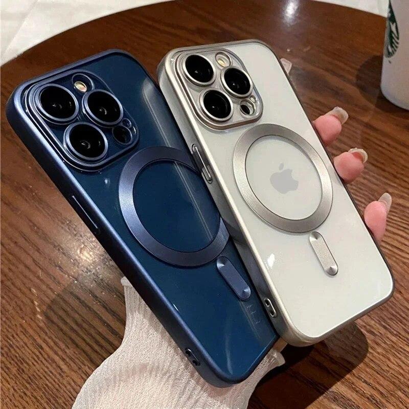 Luxury Matte Plating Frame Clear Case For IPhone 15 14 13 12 11 Pro Max Plus Magsafe Magnetic Wireless Charge Lens Protect Cover