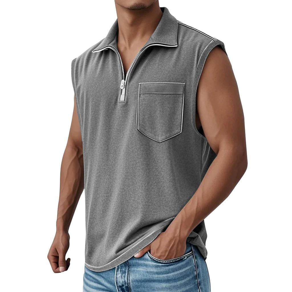 Men's Summer Solid Color Sports Zipper Lapel Vest Men's Sports Casual Vest